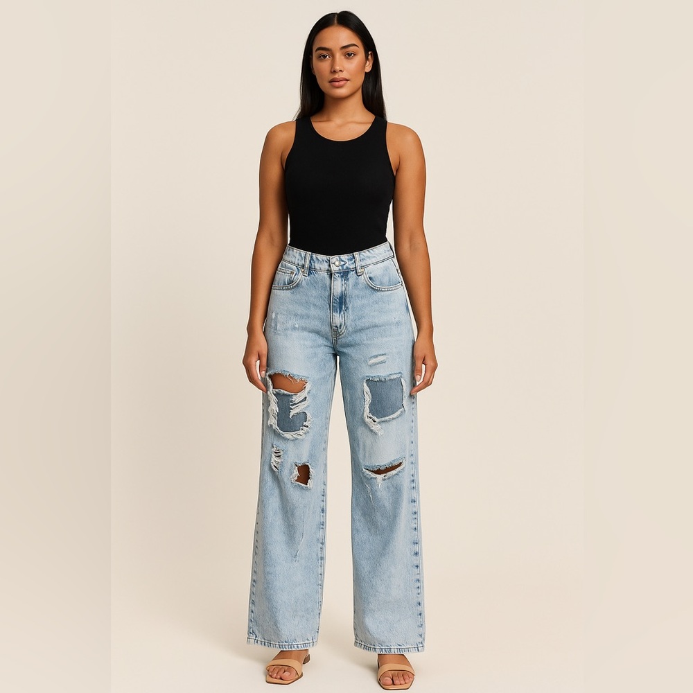 Uniq By Litz Jeans Womens 27/5 Wide Leg Retro Light Wash Acid Distressed Rocker